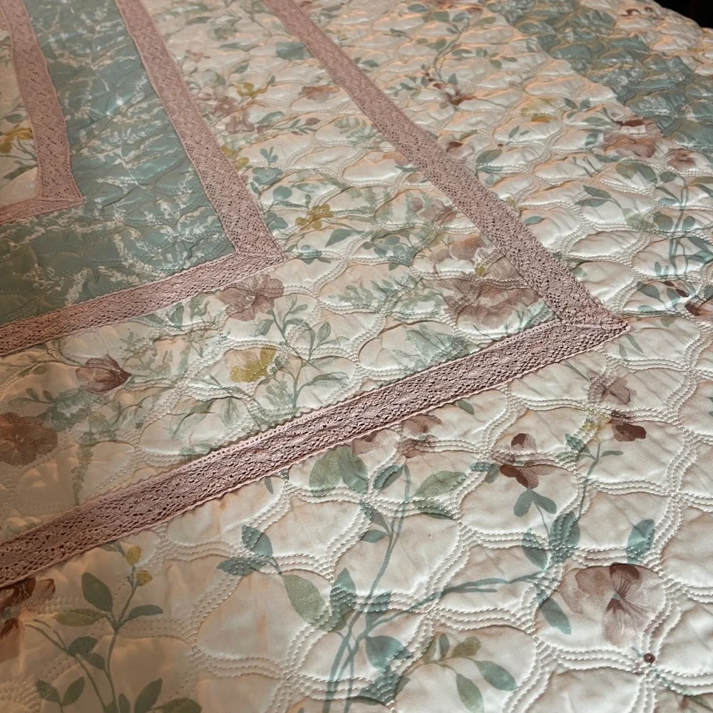 Floral Quilted Bedspread Set 3pc‎ Sage Green Rose Cottagecore Farmhouse Queen